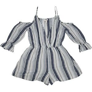 SHYANNE Large Romper Blue Striped Cold Shoulder Ruffle Sleeve Coastal Summer